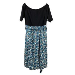 eShakti Womens Mod Floral Midi Dress sz L Half Sleeve Pockets Bloomcore Boho